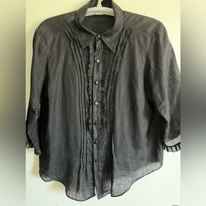 Black linen pleated front blouse with vintage buttons